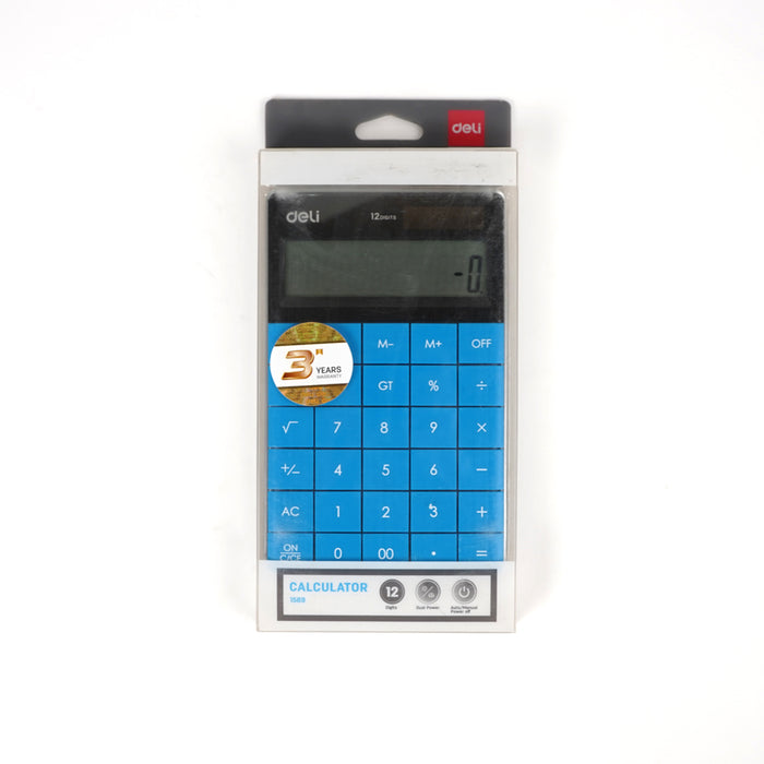 Deli 12-Digit Large Display Calculator with dual power, featuring ergonomic design and essential business functions for efficient calculations.