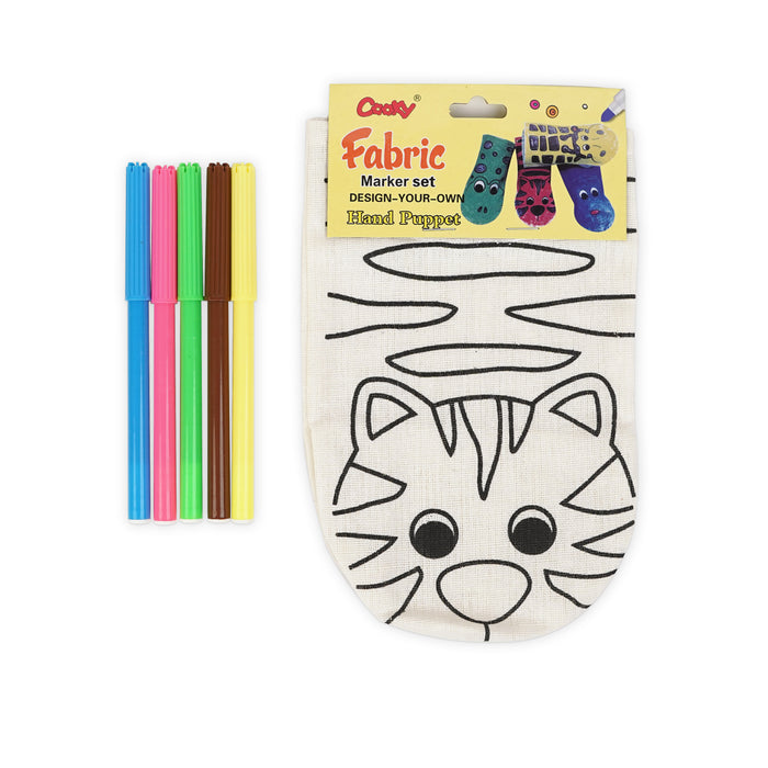 Fabric Hand Puppet Coloring Kit for Kids with a tiger design and 5 colorful fabric markers.