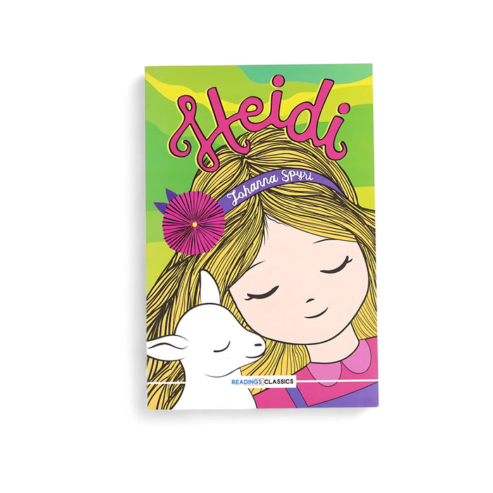 Cover of Heidi by Johanna Spyri, featuring a playful illustration of a girl with a lamb, symbolizing innocence and the joy of living in harmony with nature.