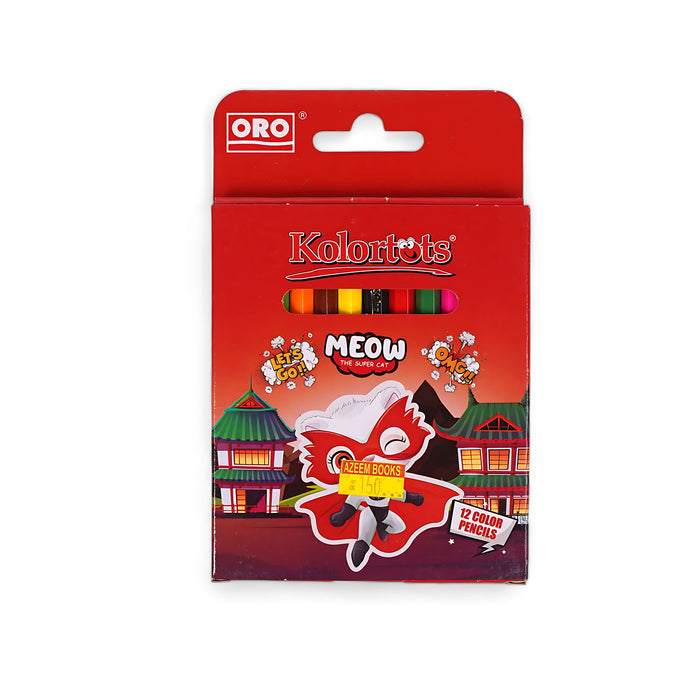 Kolortots Meow The Super Cat 12 Color Pencils set with vibrant colors in a fun-themed box for children.
