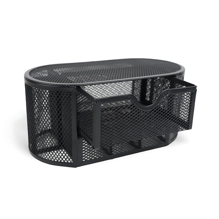 Metal mesh desktop organizer with an oval shape and a pull-out drawer for organizing office supplies and small accessories.