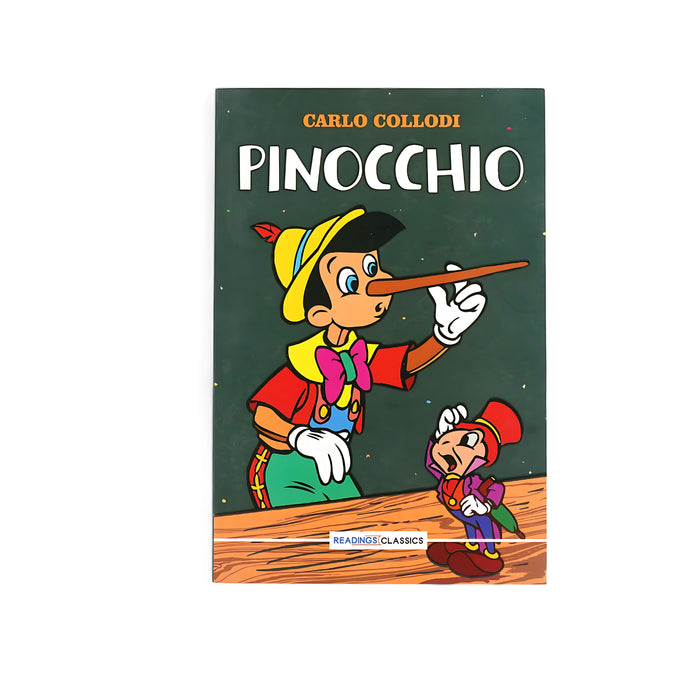 Cover of Pinocchio by Carlo Collodi, featuring the puppet Pinocchio with his long nose and the Cricket, symbolizing the whimsical nature and life lessons of the story.