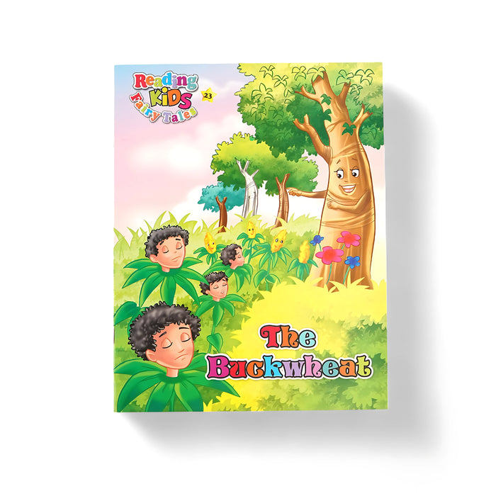 Illustrated cover of The Buckwheat from the Reading Kids Fairy Tales series, featuring personified plants and a friendly tree in a lush natural setting.