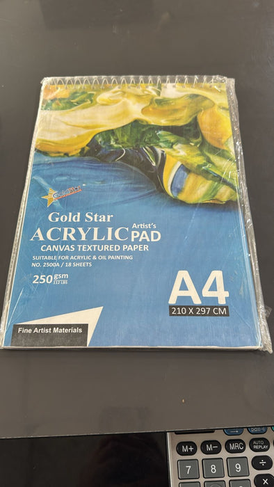 Gold Star Acrylic Artist’s Pad A4 – Canvas Textured Paper for Acrylic & Oil Painting (250gsm, 18 Sheets)
