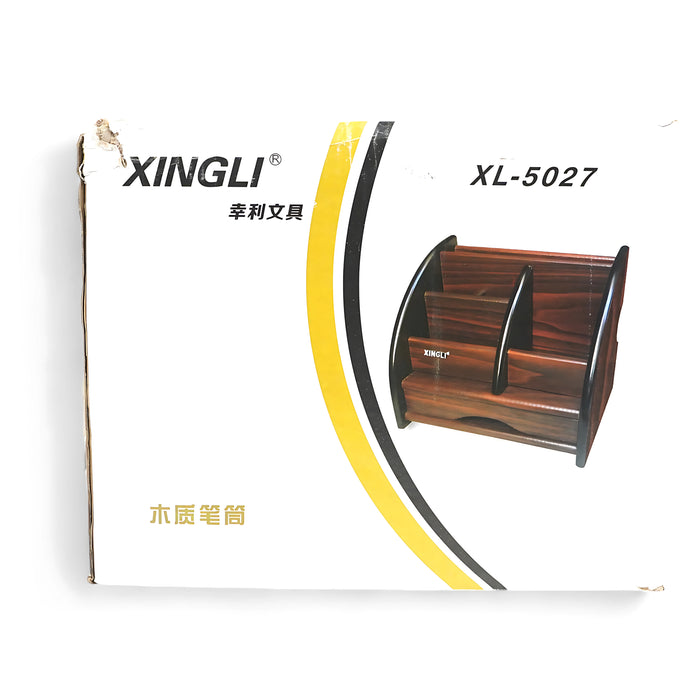 Xingli Wooden Desk Organizer (Model XL-5027) with multiple compartments in a dark wood finish.