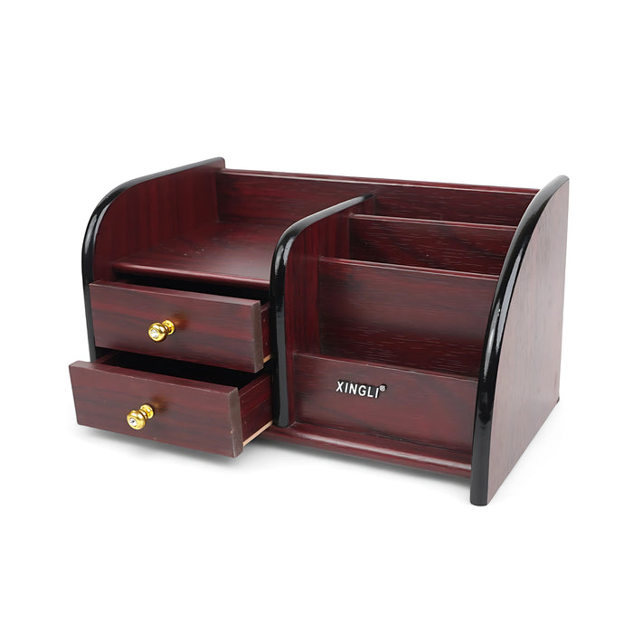 Xingli wooden desktop organizer with two drawers, gold-accented knobs, and multiple compartments for organizing office supplies and personal items.