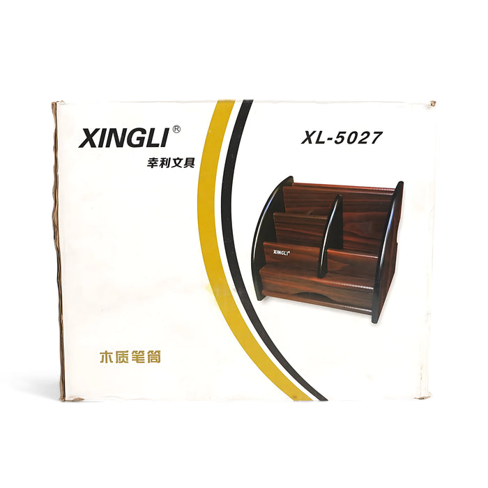 Xingli XL-5027 Wooden Pen Holder with multiple compartments, ideal for desk organization in office and home settings.