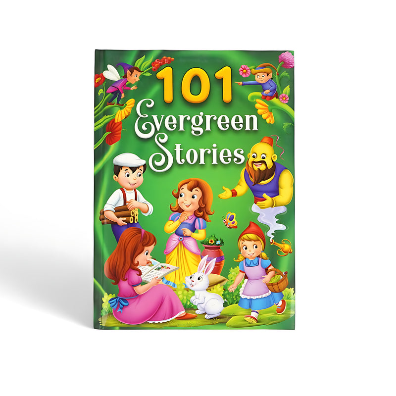 Cover of 101 Evergreen Stories featuring colorful illustrations of children, fairies, magical creatures, and fun characters in an enchanting scene.

