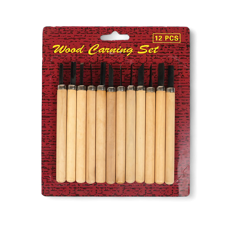 12-Piece Wood Carving Set with ergonomic wooden handles and durable steel blades for beginner and hobbyist woodworkers.

