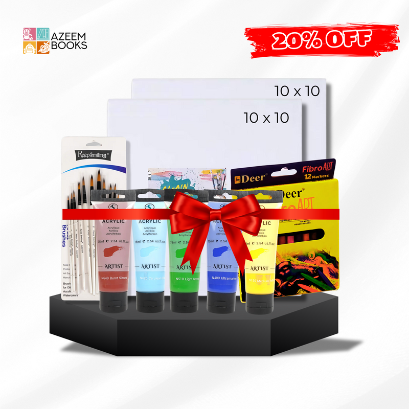 Azeem Books Acrylic Art Starter Kit for Beginners – 2 Canvas, 5 Keep Smiling Acrylic Paints, 12 Brushes, 12 Marker Colors