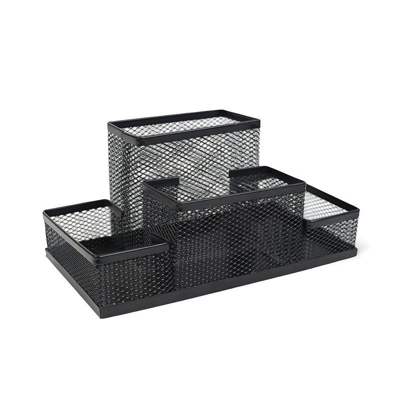 3-tier metal mesh desk organizer with multiple compartments, ideal for organizing stationery and office supplies.

