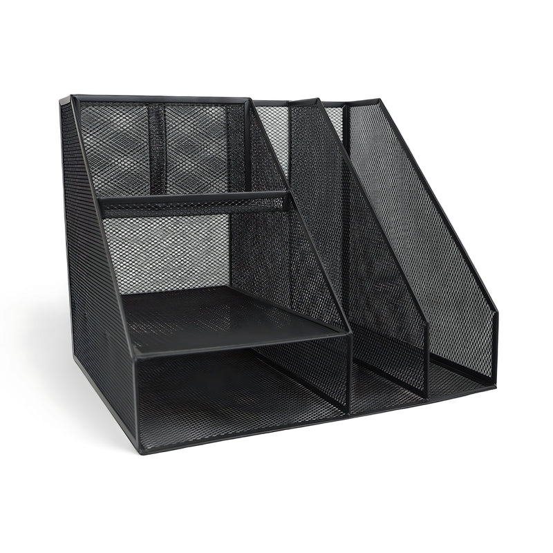 3-Tier metal mesh file organizer with vertical and horizontal compartments, ideal for office or home use to store files, folders, and documents.

