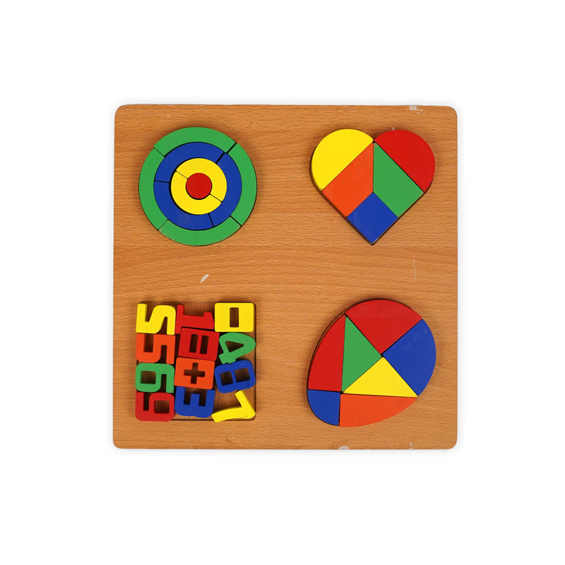 4-in-1 wooden shape puzzle featuring colourful circle, heart, oval, and number pieces, designed to enhance shape recognition, number learning, and fine motor skills in young children.