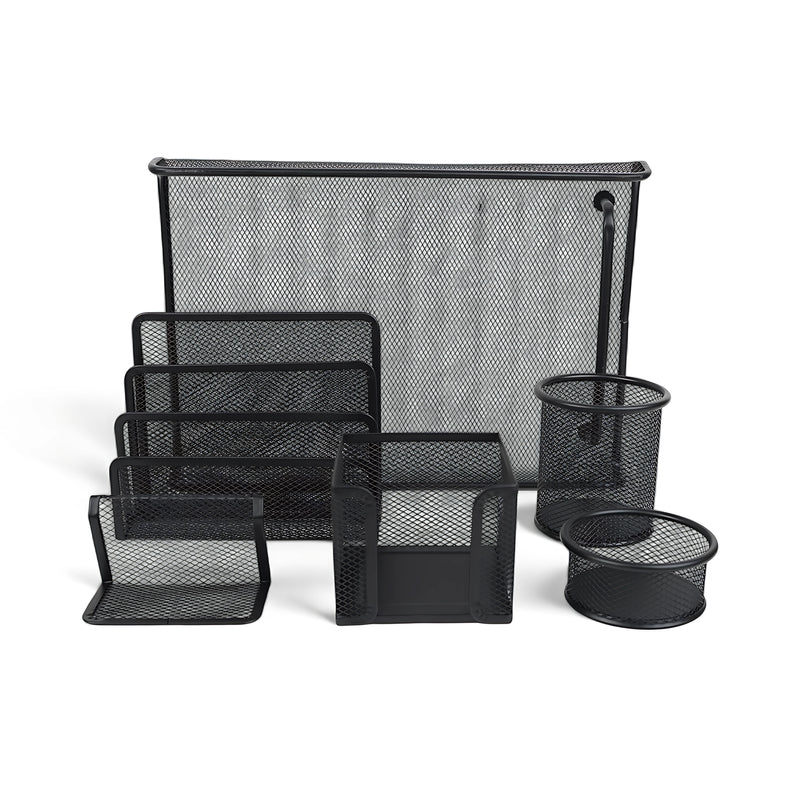 8-piece metal mesh desk organizer set with letter trays, pen holders, and file organizers, ideal for organizing office supplies.

