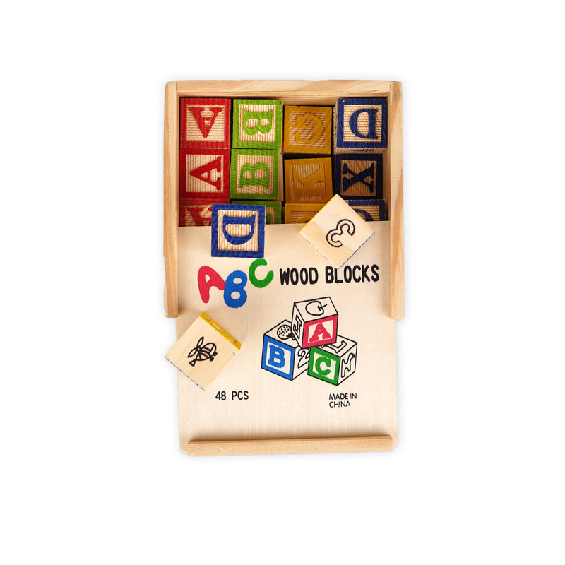 ABC Wooden Blocks Set with 48 colorful alphabet blocks, perfect for teaching letter recognition and spelling while promoting fine motor skills in kids.