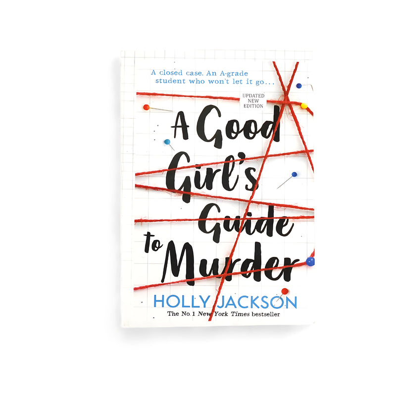 Cover of A Good Girl's Guide to Murder by Holly Jackson featuring a design with red thread and push pins, symbolizing an investigation, along with the book's title and author name.






