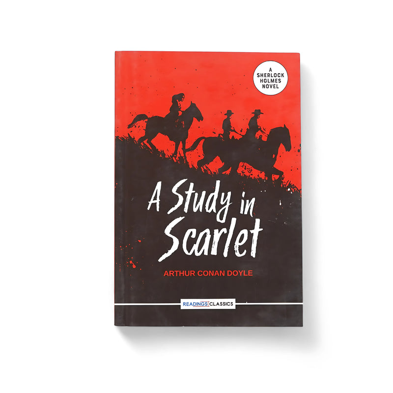 Cover of A Study in Scarlet by Arthur Conan Doyle, featuring silhouettes of riders on horseback against a red and black background, symbolizing the mystery and themes of revenge.






