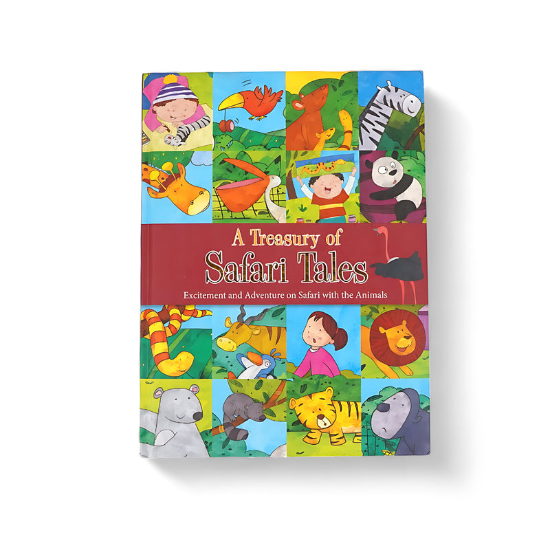Cover of A Treasury of Safari Tales featuring illustrations of various animals like lions, zebras, and tigers, along with children enjoying safari adventures.


