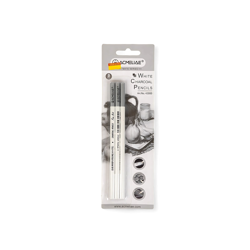 Acmeliae White Charcoal Pencils Set, 3-piece pack, ideal for adding highlights and shading on dark or toned paper.

