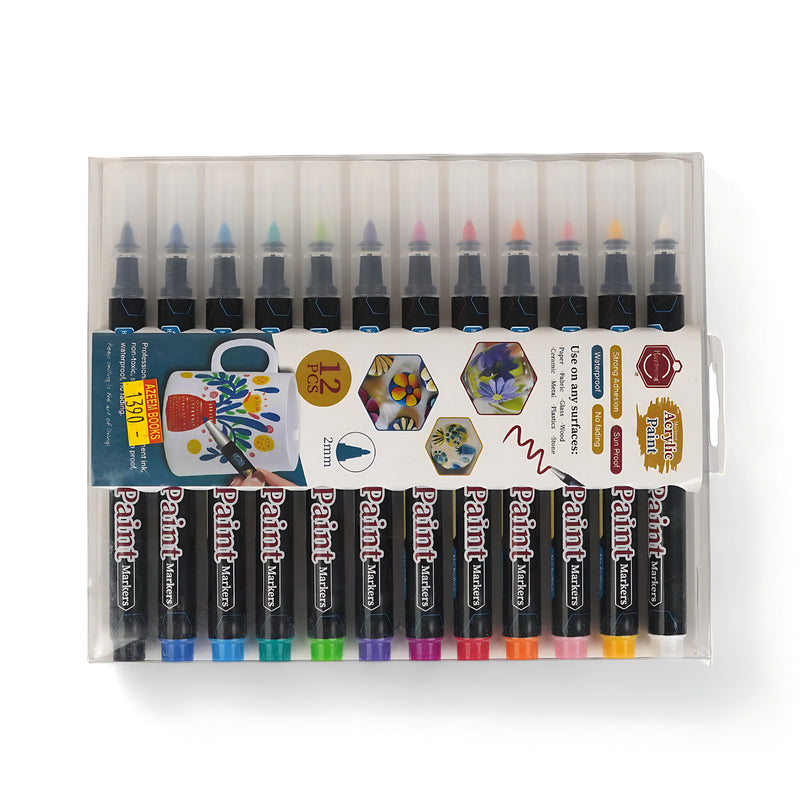Acrylic Paint Markers - Set of 12 colors featuring fine tips for vibrant artistic expression.

