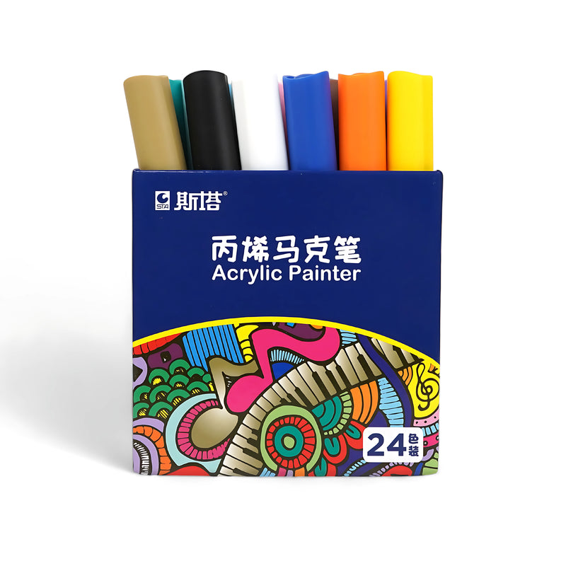 Acrylic Painter Set featuring 24 colors for versatile painting on various surfaces, with water-based non-toxic ink.

