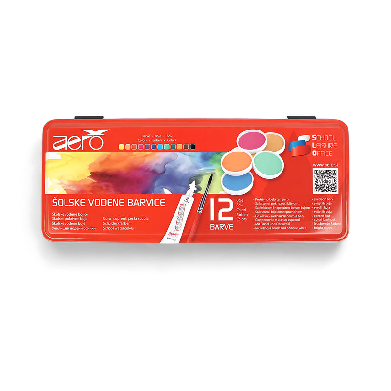 Aero 12-Color School Watercolors Set – Bright & Vibrant Colors with Brush and Opaque White
