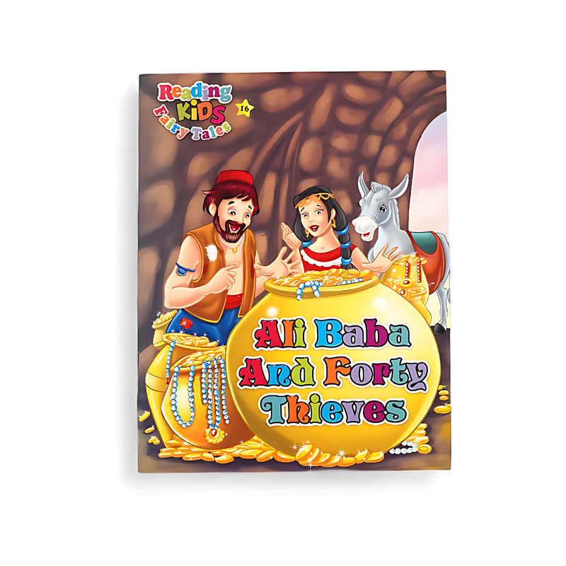 Cover of Ali Baba and the Forty Thieves showing Ali Baba and a woman admiring gold-filled pots, with a donkey in the background near the thieves' secret hideout.






