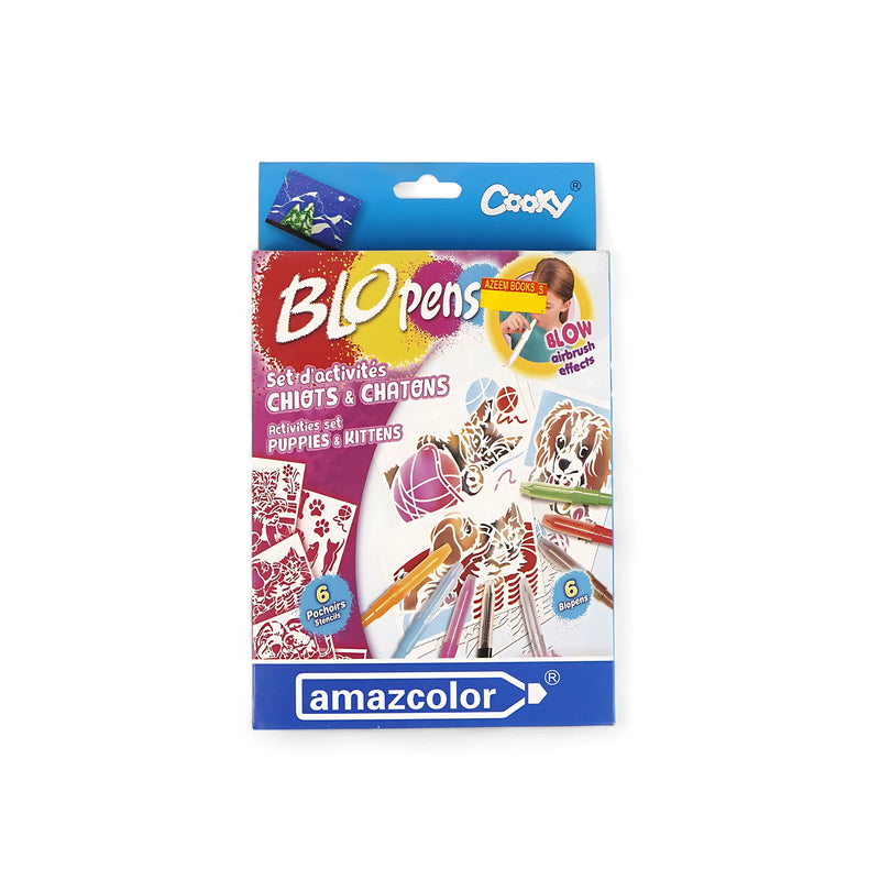 Amazcolor BLOpens Activity Set - Puppies & Kittens with airbrush effect pens and animal stencils for kids 3+.

