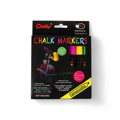 Amazcolor Cooky Chalk Markers, 4 pack, wet erasable, non-toxic, water-based for non-porous surfaces.

