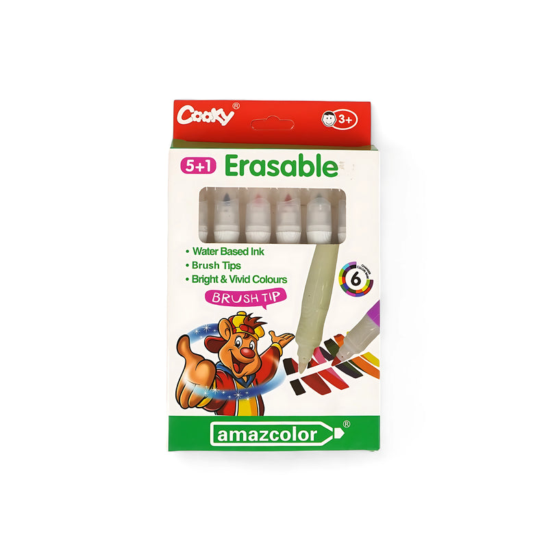 Amazcolor Erasable Brush Tip Markers - 5+1 Pack, water-based ink, vibrant colors, and erasable marker for kids aged 3+.

