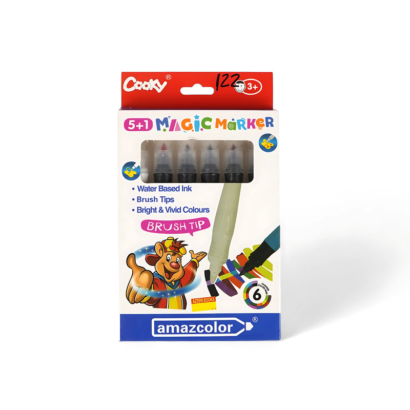 Amazcolor Magic Marker Brush Tip - 5+1 pack, water-based, vibrant colors for kids aged 3+, including a magic color marker.

