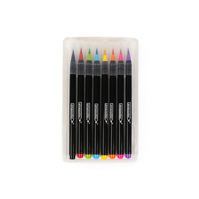 Amazcolor Watercolor Brush Pens 8-color set with flexible brush tips and water-based ink, perfect for lettering and watercolor effects

