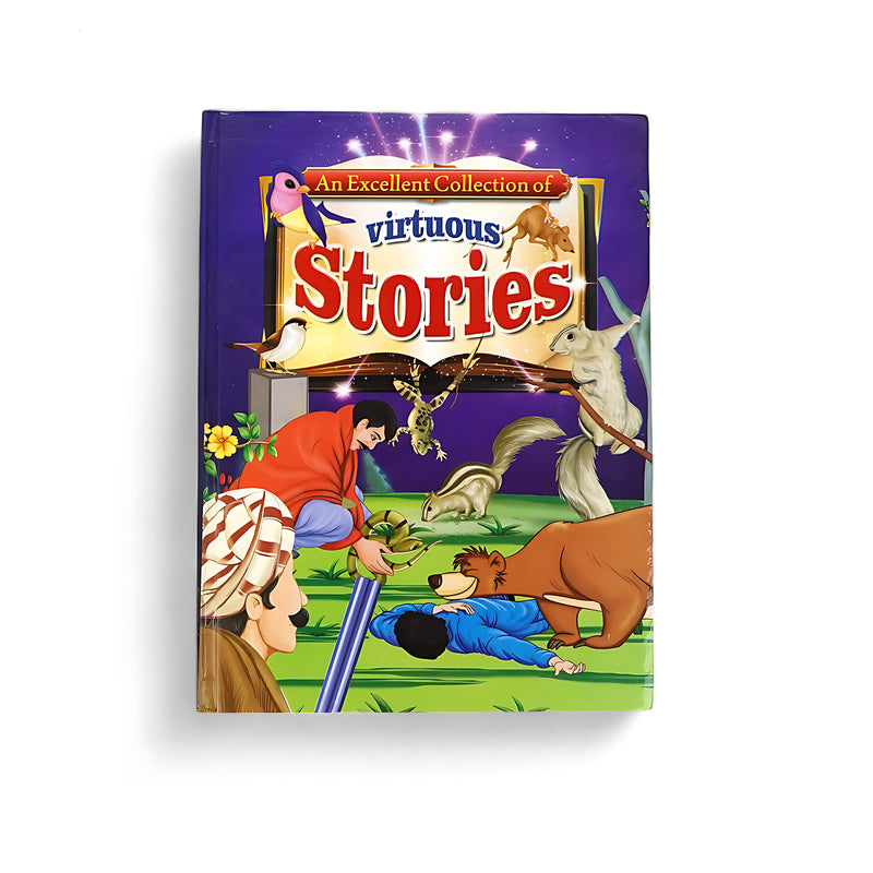 Cover of An Excellent Collection of Virtuous Stories book featuring colorful illustrations of people and animals, depicting scenes with moral lessons.

