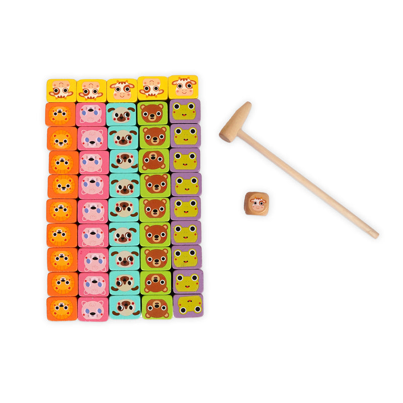 Animal Faces Wooden Block Hammering Game with colorful animal face blocks, wooden hammer, and die, designed to improve fine motor skills and hand-eye coordination in children.






