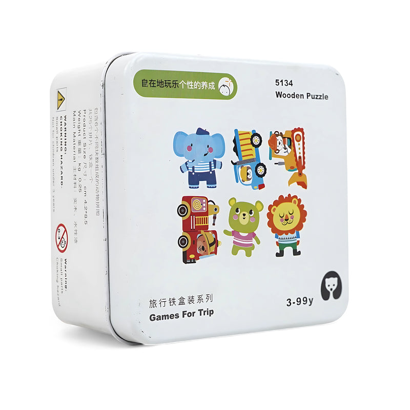 Animal Wooden Puzzle Set in tin box with colorful animal shapes for educational play and travel-friendly design.

