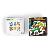 Animal Wooden Puzzle Set in tin box with colorful animal shapes for educational play and travel-friendly design.

