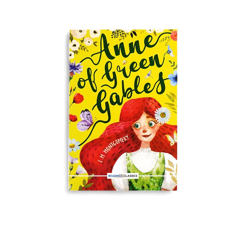 Cover of Anne of Green Gables by L. M. Montgomery, featuring an illustrated Anne with red hair, surrounded by colorful flowers and butterflies on a cheerful yellow background, capturing the joy and whimsy of the story.






