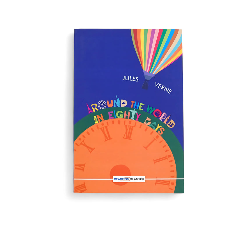 Cover of Around the World in Eighty Days by Jules Verne, featuring a colorful hot air balloon and clock elements, symbolizing travel and time.

