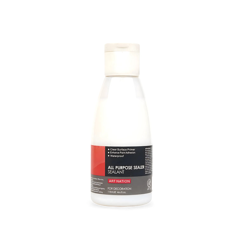 Bottle of Art Nation All Purpose Sealer, 118ml, designed as a clear primer and waterproof sealant for enhancing paint adhesion and protecting artwork.

