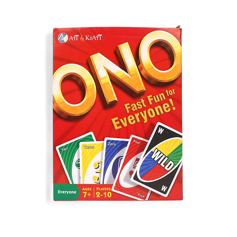 Art & Kraft ONO Card Game box with colorful design, suitable for ages 7+ and 2-10 players, featuring a fast-paced matching game for family and friends.






