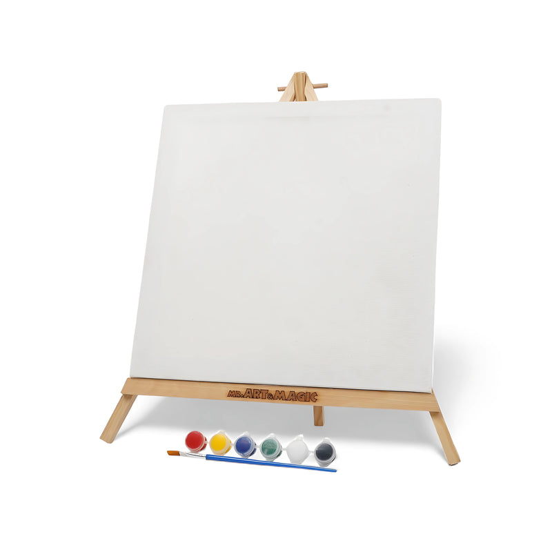 Art & Magic Canvas Painting Set with square canvas, wooden easel, six paint colors, and a paintbrush for creative projects.

