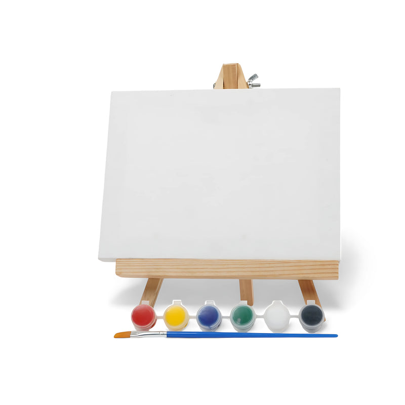 Art & Magic Mini Rectangular Canvas Painting Set with mini rectangular canvas, wooden easel, six paint colors, and a paintbrush for small-scale art projects.

