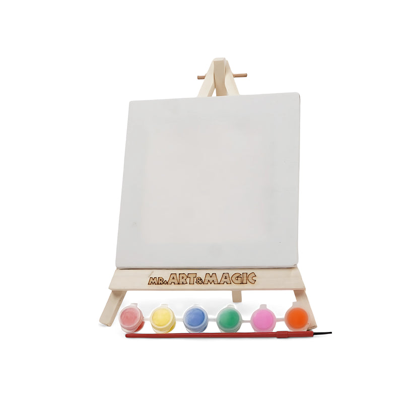 Art & Magic Mini Square Canvas Painting Set with pastel colors, featuring a mini square canvas, wooden easel, six pastel paints, and a paintbrush for small art projects.

