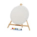 Art & Magic Round Canvas Painting Set with round canvas, wooden easel, six paint colors, and a paintbrush for creative projects.

