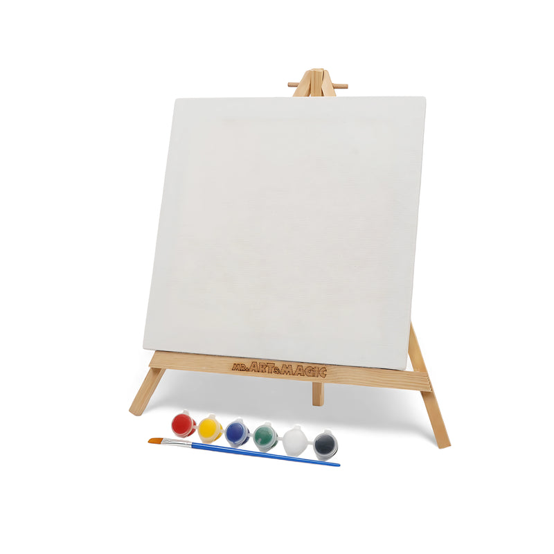 Art & Magic Square Canvas Painting Set with square canvas, wooden easel, six paint colors, and a paintbrush for creative projects.

