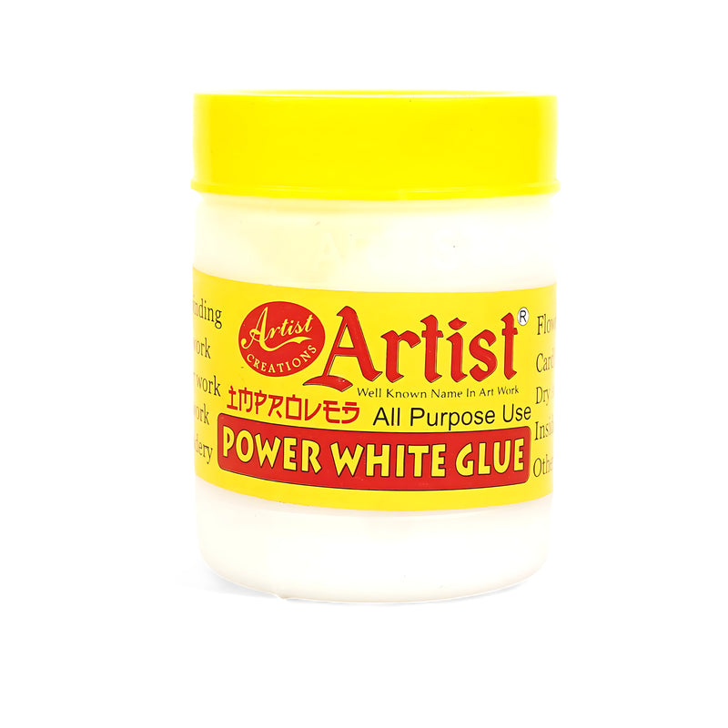 Artist Creations Power White Glue, all-purpose adhesive in a yellow-capped container.

