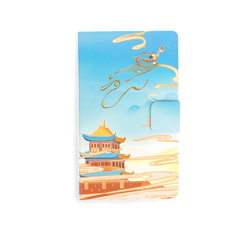 Artistic hardcover notebook with a Chinese cultural theme, featuring a flying deity and pagoda, with a magnetic clasp for secure closure.

