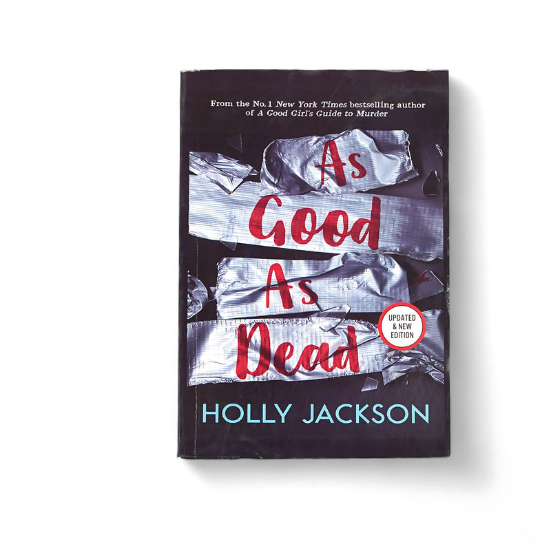 Cover of As Good As Dead by Holly Jackson, featuring silver duct tape with the title written in red letters, conveying suspense and danger.






