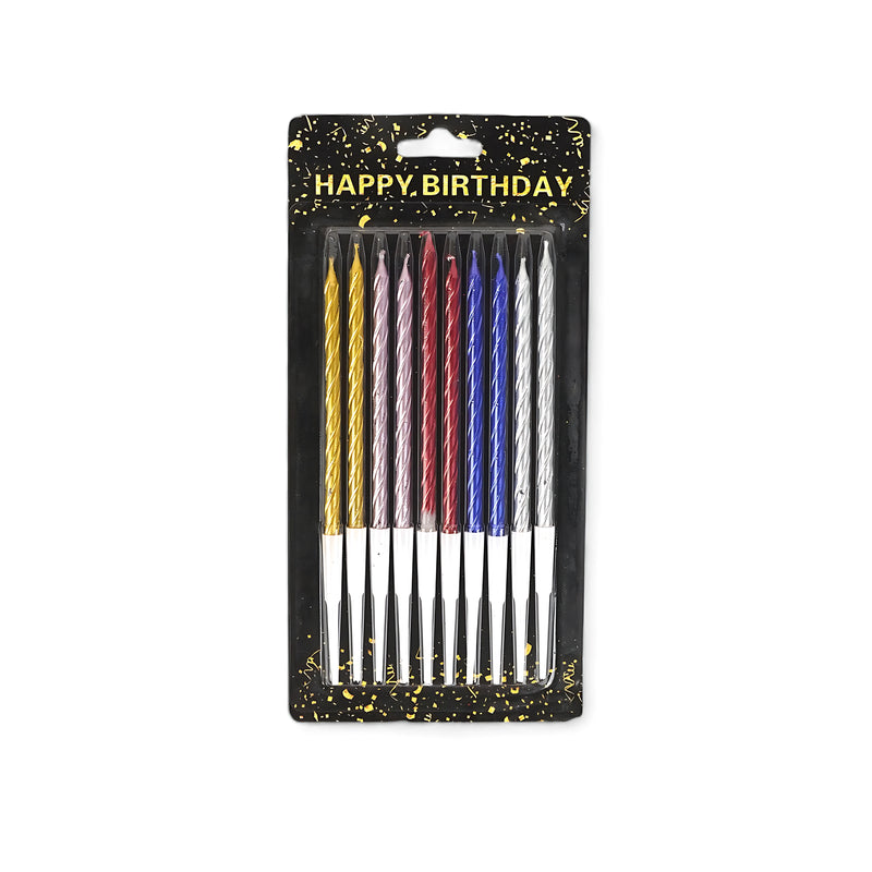 Pack of 10 metallic spiral birthday candles in assorted colors, including gold, silver, pink, red, and blue, perfect for birthday celebrations.

