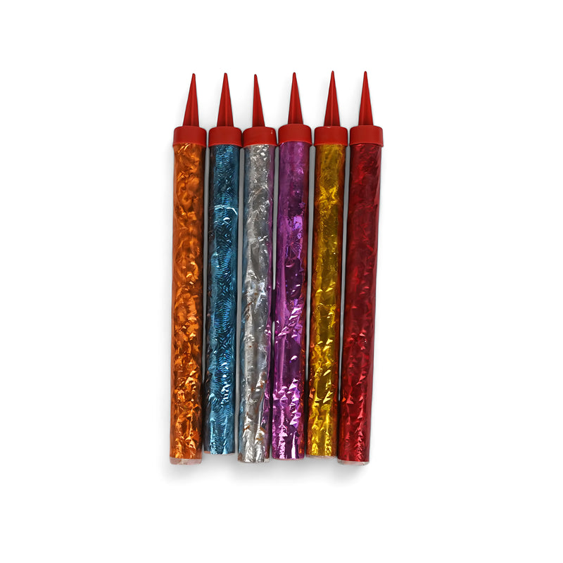 Pack of 6 assorted color sparkler fountain candles with metallic wrapping in colors like orange, blue, silver, purple, gold, and red, perfect for adding sparkle to celebration cakes.

